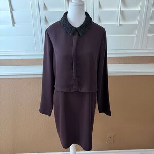 Reiss Colville Women’s Berry Color Dress Black Lace Collar & Cuff Size 8 Luxury